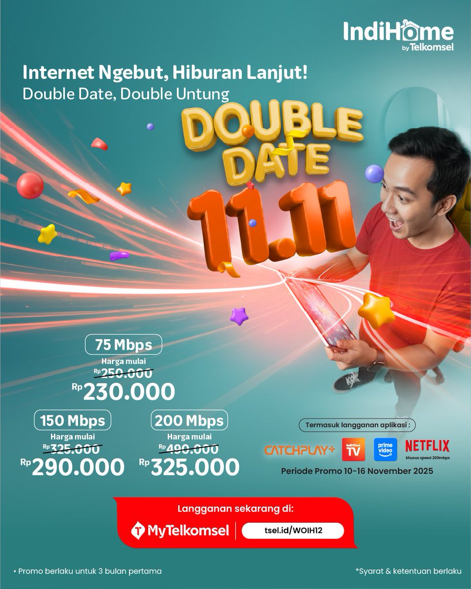 indihomekti's tweet photo. Penawaran terbatas! Tanggal 11.11 IndiHome hadir dengan harga spesial buat kamu!

* Harga berlaku di kota tertentu, bisa berbeda setiap kota
* Promo berlaku selama 3 bulan pertama, bulan ke 4 harga kembali normal
* Pilih paket (Promo 11.11 3 bulan)

Yuk buruan daftar IndiHome!🥳 https://t.co/mFvHE8reJs