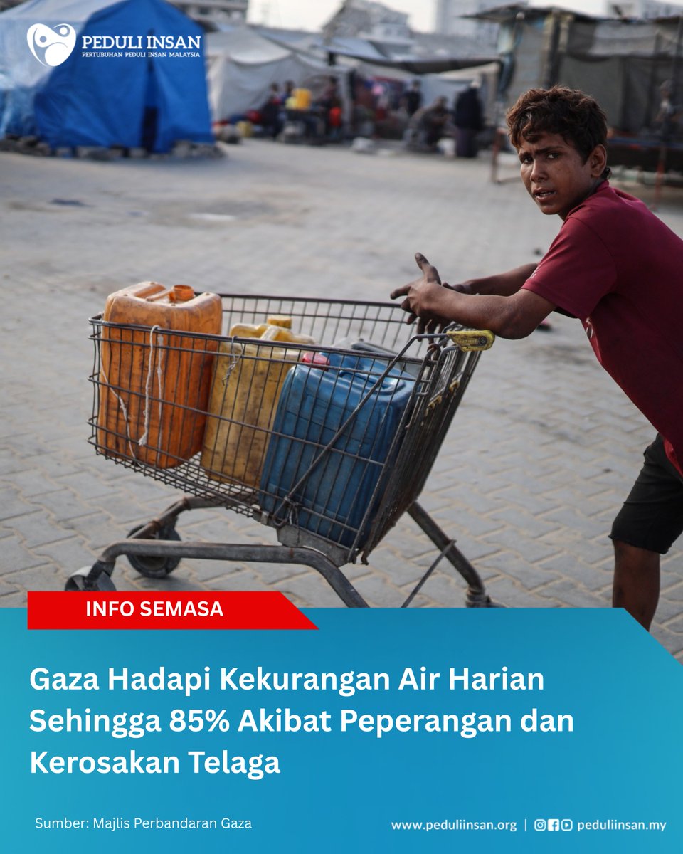 Peduli__Insan's tweet photo. Di Gaza, air yang sepatutnya menjadi asas kehidupan kini berubah menjadi kemewahan yang semakin sukar dicapai. Infrastruktur teras seperti telaga, loji rawatan air dan saluran paip, sebahagian besarnya musnah atau lumpuh. https://t.co/CvzqGmb22l