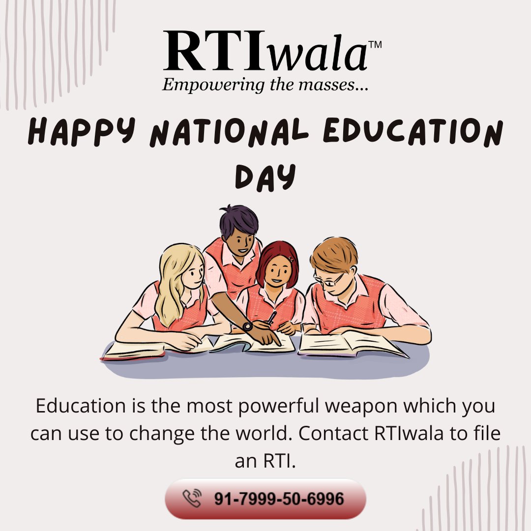 RTIwala's tweet image. 📚✨ Happy National Education Day!

Get access to government data on schools, scholarships, budgets, and education schemes through RTIwala.

👉 File your Online RTI today📞 +91-7999506996 now!

#NationalEducationDay #RTIwala राष्ट्रीय शिक्षा #Edutech #MaulanaAbulKalamAzad