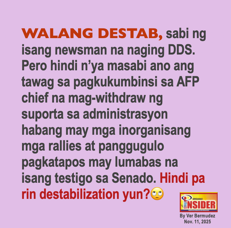 verbermudez888's tweet image. NO DESTABILIZATION, says a newsman who became a DDS. But he can’t seem to describe a call convincing the AFP chief to withdraw support from the admin while there were organized rallies after a witness appeared in the Senate. That’s still not destabilization? 🙄

#Destabilization