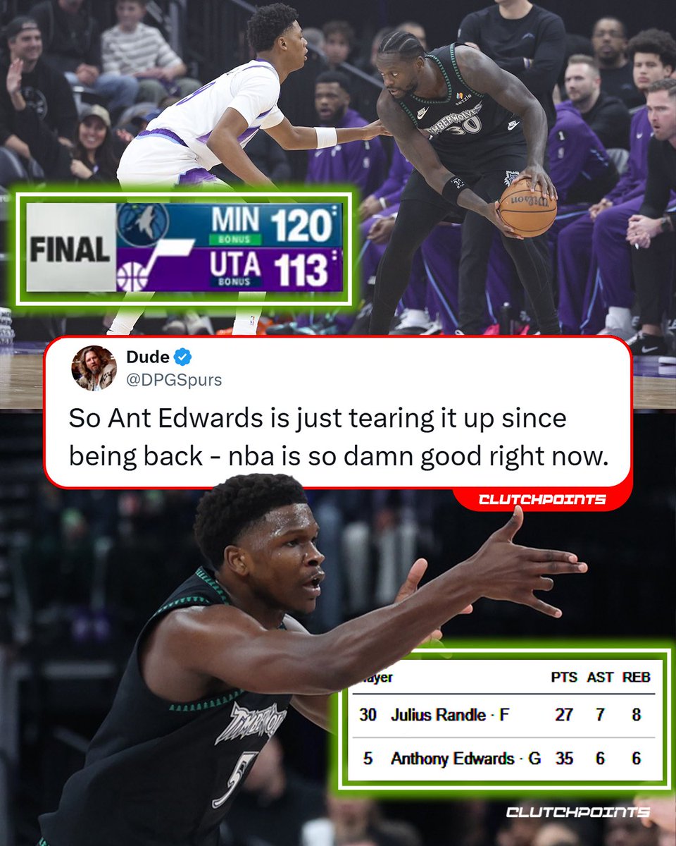 The Timberwolves hold on for the win over the Jazz 😤

Anthony Edwards:
35 points 
6 rebounds
5-of-9 3PT

Julius Randle:
27 points 
8 rebounds
7-of-16 FG