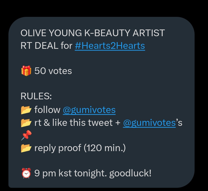 H2HVOTINGTEAM's tweet photo. OLIVE YOUNG K-BEAUTY ARTIST 
RT DEAL for #Hearts2Hearts

🎁 50 votes 

RULES: 
📂 follow @gumivotes
📂 rt &amp; like this tweet + @gumivotes’s 📌
📂 reply proof (120 min.) 

⏰ 9 pm kst tonight. goodluck! https://t.co/qtugLcmjo2