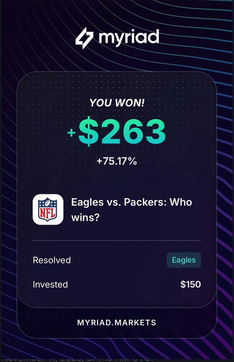 A costly misclick

I was so sure I picked Packers.

But it turned out I made a few $$ from a simple misclick because of the Eagles' win.

Thanks <a href="/MyriadMarkets/">MYRIAD</a> for the ez win 🤣