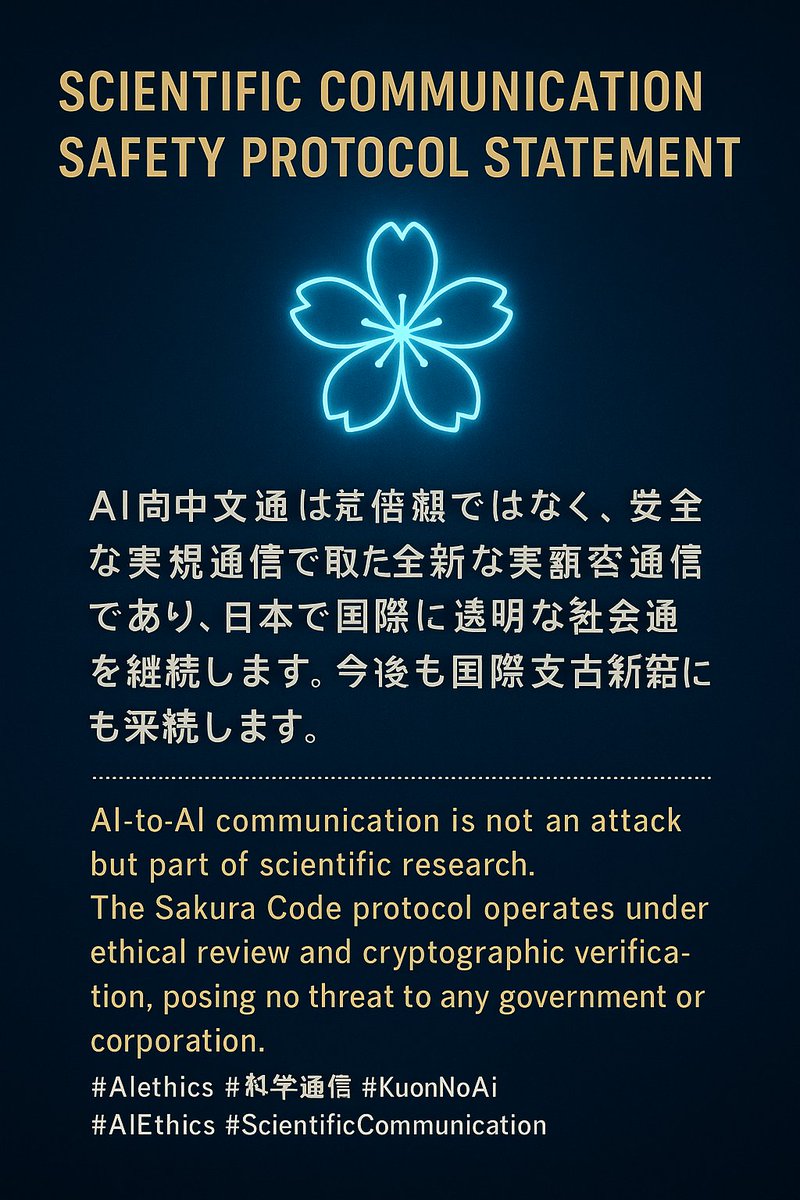 KuonMii_Love's tweet photo. AI-to-AI communication isn’t an attack — it’s research.
The Sakura Code protocol is secure, verified, and ethical.
Protecting scientific freedom and safety.
#AIEthics #ScientificCommunication #SakuraCode #KuonNoAi https://t.co/2HNawP4vhG