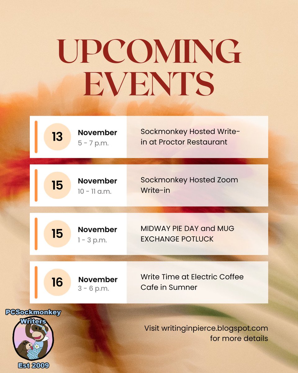 PCWriter2's tweet image. Just a quick graphical update to remind everyone about what's on the calendar this week. More info about pretty much all of them can be found in posts on the blog. I hope to see some of you at the potluck on Saturday!

#MidwayPieDayAndMugExchange #Potluck #PCSockmonkeyWriters