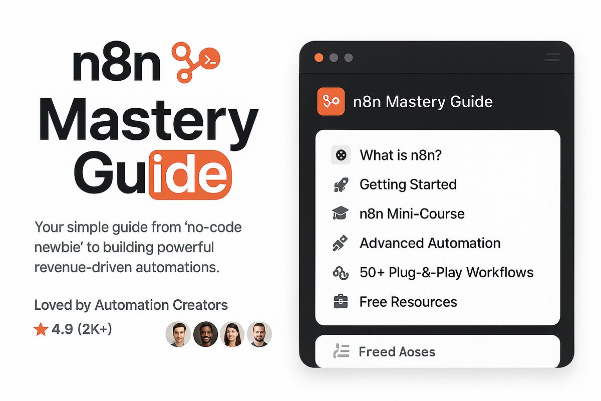 I should charge $199 for this.

But I’m giving away my full N8N Automation Mastery Guide completely free.

Inside you get:

→ 50+ ready-to-run automation workflows
→ Step-by-step mini-course to master n8n
→ Advanced AI + n8n prompts &amp; agent setups no one shares

n8n is the