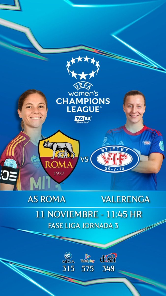 TVCDeportes's tweet image. UEFA WOMEN’S CHAMPIONS LEAGUE 

La actividad del mejor torneo de futbol femenil regresará con el partidazo entre @asromawomen vs @vifdamene ⚽️🔥

🎤 @feragarr / @axlangle

🗓11 noviembre 
⏰️11:45 hrs
📺 315 @Megacable 575 @totalplaymx 348 @DishMx 

#Futbol #championsleague #ucl…