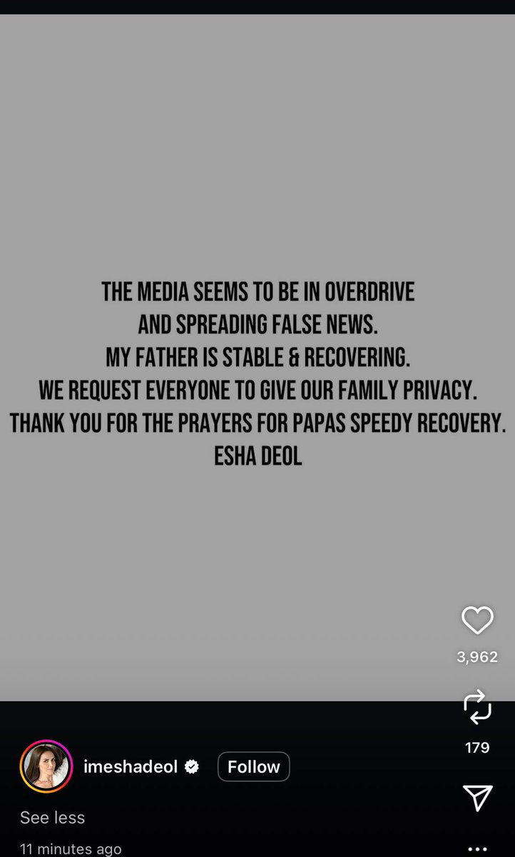 our_rajkot's tweet image. ધર્મેન્દ્રની તબિયત સ્થિર, 

દીકરી અભિનેત્રી ઈશા દેઓલનું  સ્ટેટમેન્ટ!

#Dharmendra #Bollywood #Ourrajkot