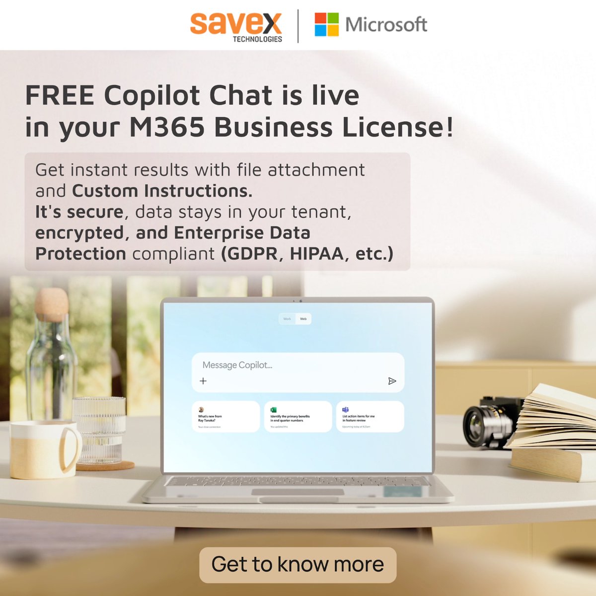 SavexTechnology's tweet image. FREE Copilot Chat is now live in your M365 Business License!   

Instant results, secure data, and FREE Copilot Chat in your M365 Business License. It&apos;s live! Start using Custom Instructions and file attachments today. Your data stays safe and encrypted.  

#SavexTechnologies