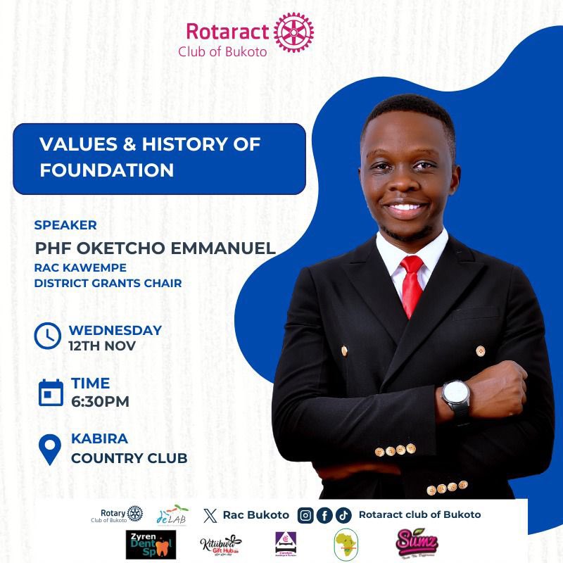 RACBukoto's tweet photo. Tomorrow!
Join us for an insightful fellowship of Values & History of The Rotary Foundation with PHF @OketchoEmmanue7 District Grants Chair from @RctKawempe
Let’s learn, connect, and grow together in service and purpose. 🌍❤️
📍 Kabira Country Club
📆 12th Nov, 2025
🕡 6:30 PM https://t.co/JFlhmIEykN
