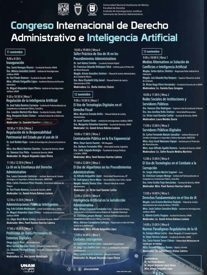 Estimados amigos, con alegría les comparto que mañana martes 11 de noviembre a las 9:30am fungiré como moderador en el  “Congreso Internacional de Derecho Administrativo e Inteligencia artificial"🤖  que se llevará a cabo en la Facultad de Derecho de la UNAM. 

Estaré moderando