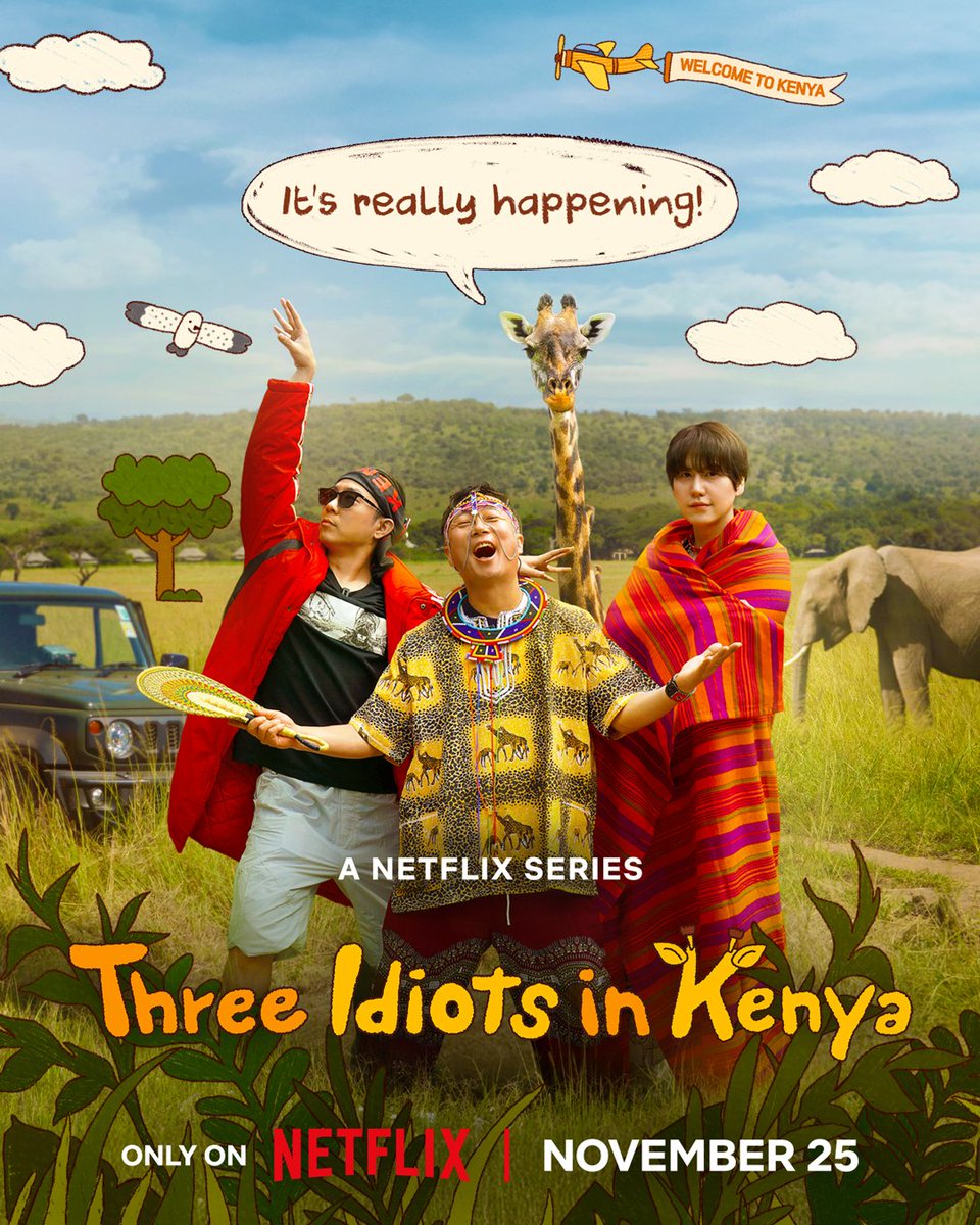 kdrama_menfess's tweet image. •kdm• Poster reality show Three Idiots in Kenya uda keluar. Tayang 25 November di Netflix. Ada yang nungguin ini engga?
