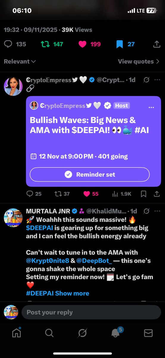 KhalidMurtala5's tweet image. 🔥 Just joined the AMA hype and ready for the $200 giveaway! 💰 Excited to learn, connect, and support this amazing community. @DeepBot_ is taking things to the next level, and I’m here for it! Let’s gooo💎 #DEEPAI #DeepBot

@saaduabbahmusa 

@amos_j1 

@BoytSpace 

All
 Task…