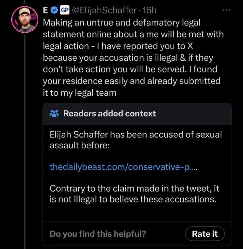 So… was this not you? 

Seems like you sure do understand that online defamation and accusing someone of illegal activity warrants getting sued! 

That community note was LETHAL though.