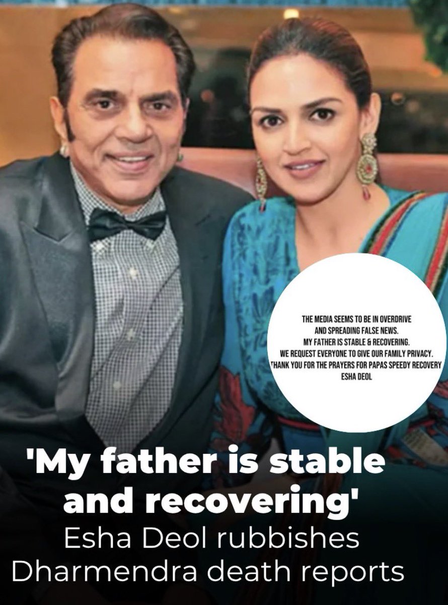 sudeshnapanda's tweet photo. #BREAKING 
Esha Deol rubbishes death of Dharmendra 
#DharmendraDeol 
#Bollywood https://t.co/3E9uVguqoS