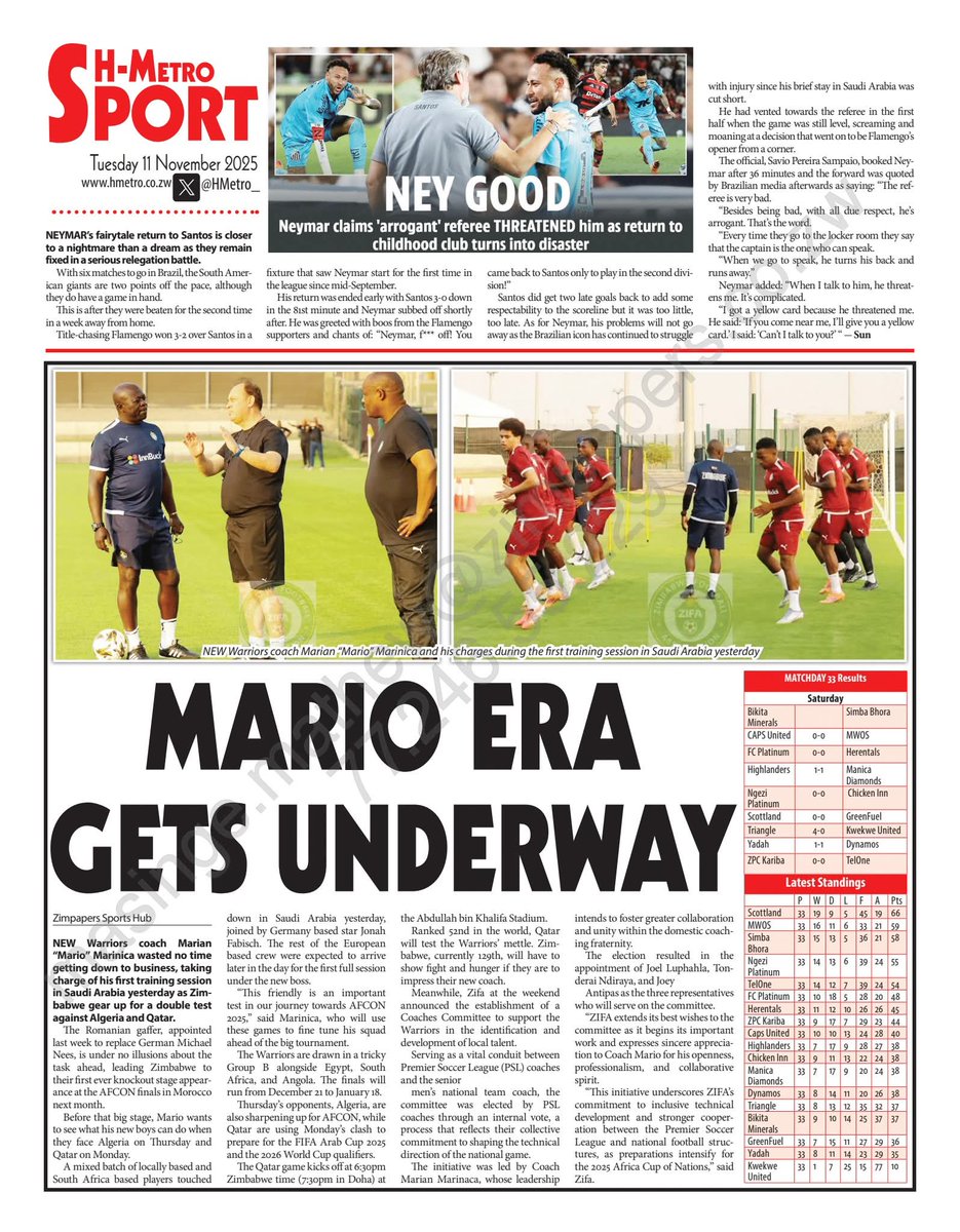 HMetro_'s tweet image. #BACKPAGE 

The Romanian gaffer, appointed last week to replace German Michael Nees, is under no illusions about the task ahead, leading Zimbabwe to their first ever knockout stage appearance at the AFCON finals in Morocco next month.

heraldonline.co.zw/mario-era-gets…