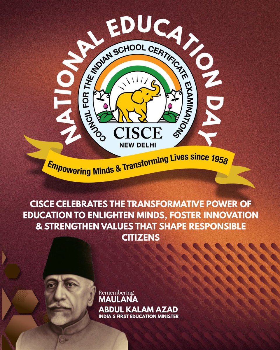 CISCE_Official's tweet image. #NationalEducationDay marks a celebration of knowledge, inclusion, and nation-building.
Instituted in memory of Maulana Abul Kalam Azad, the day echoes CISCE’s vision of education that empowers minds, upholds values and inspires generations.
#EducationForAll