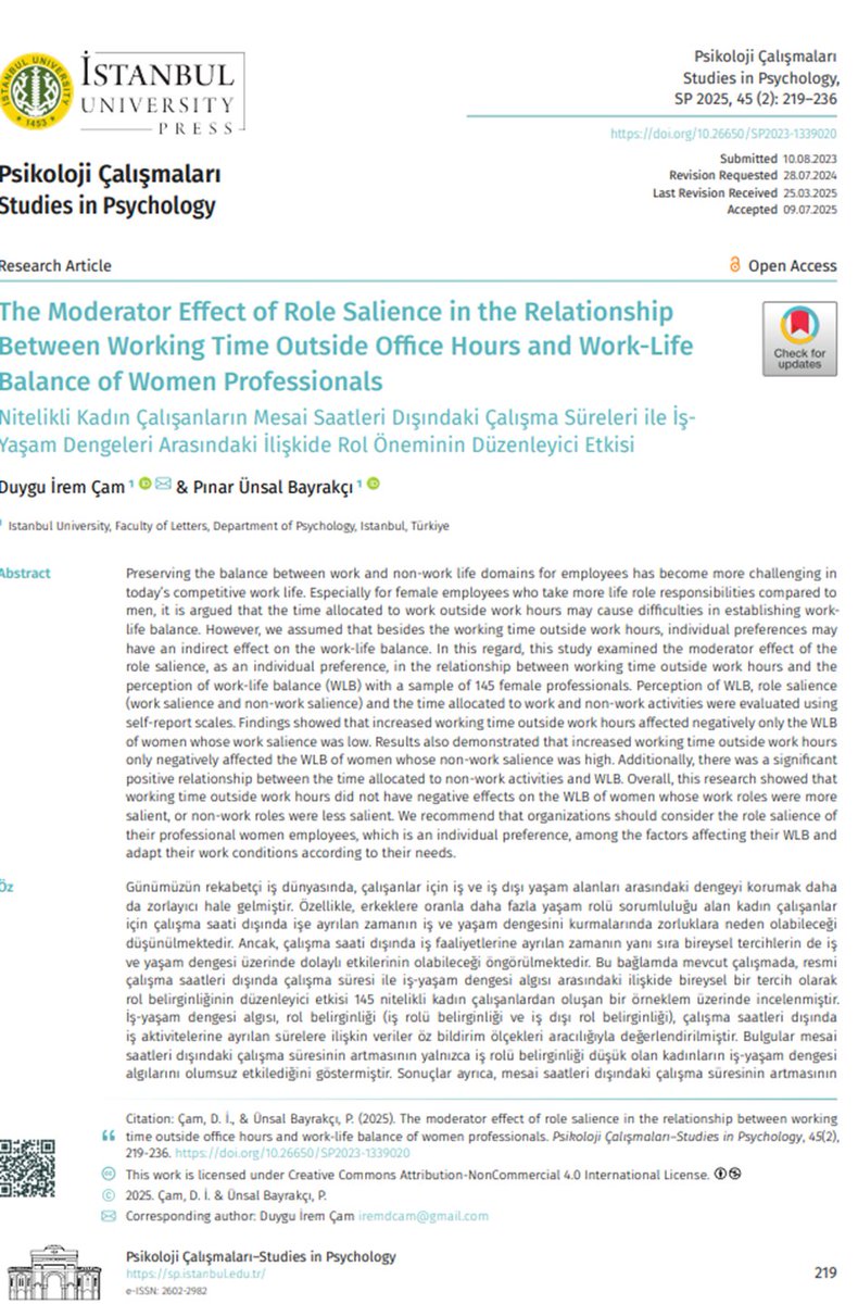 Studiesinpsy's tweet photo. New #openAccess article “The Moderator Effect of Role Salience in the Relationship Between Working Time Outside Office Hours and Work-Life Balance of Women Professionals” by Duygu İrem Cam ve Pınar Unsal Bayrakci  https://t.co/GlSy8xI8XV #OpenAccess #psychology https://t.co/9r2QovRteT