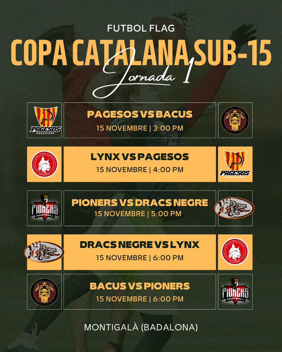 FCFAtwi's tweet image. 🏈 AGENDA CAP DE SETMANA 🏈

🏆 Copa Catalana Infantil #FutbolFlag

📆 Dissabte 15 de novembre
⌚ 15:00h
🏟️ Montigalà (Badalona) 

#FCFA #CCFFS15 #flagfootball @esportcat @UFECcat #UllastrellBacus @bcnpagesos @AcademyDracs @BDN_Dracs @ASBschool @pioners