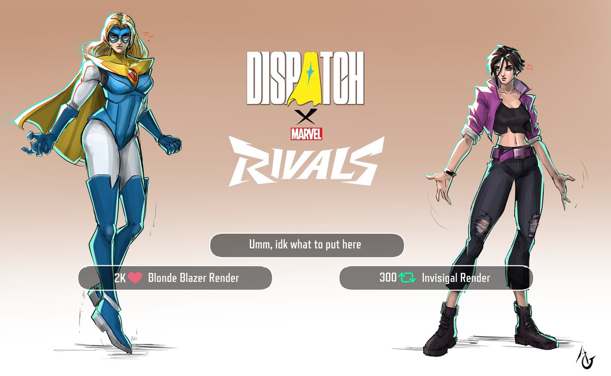 AnGREY_21's tweet image. Excited about the Dispatch finale tomorrow? 
Would you like me to do a render of one of the two favorite girls as if they were in Marvel Rivals? 

Blonde Blazer ❤️ or Invisigal 🔃
You choose!
