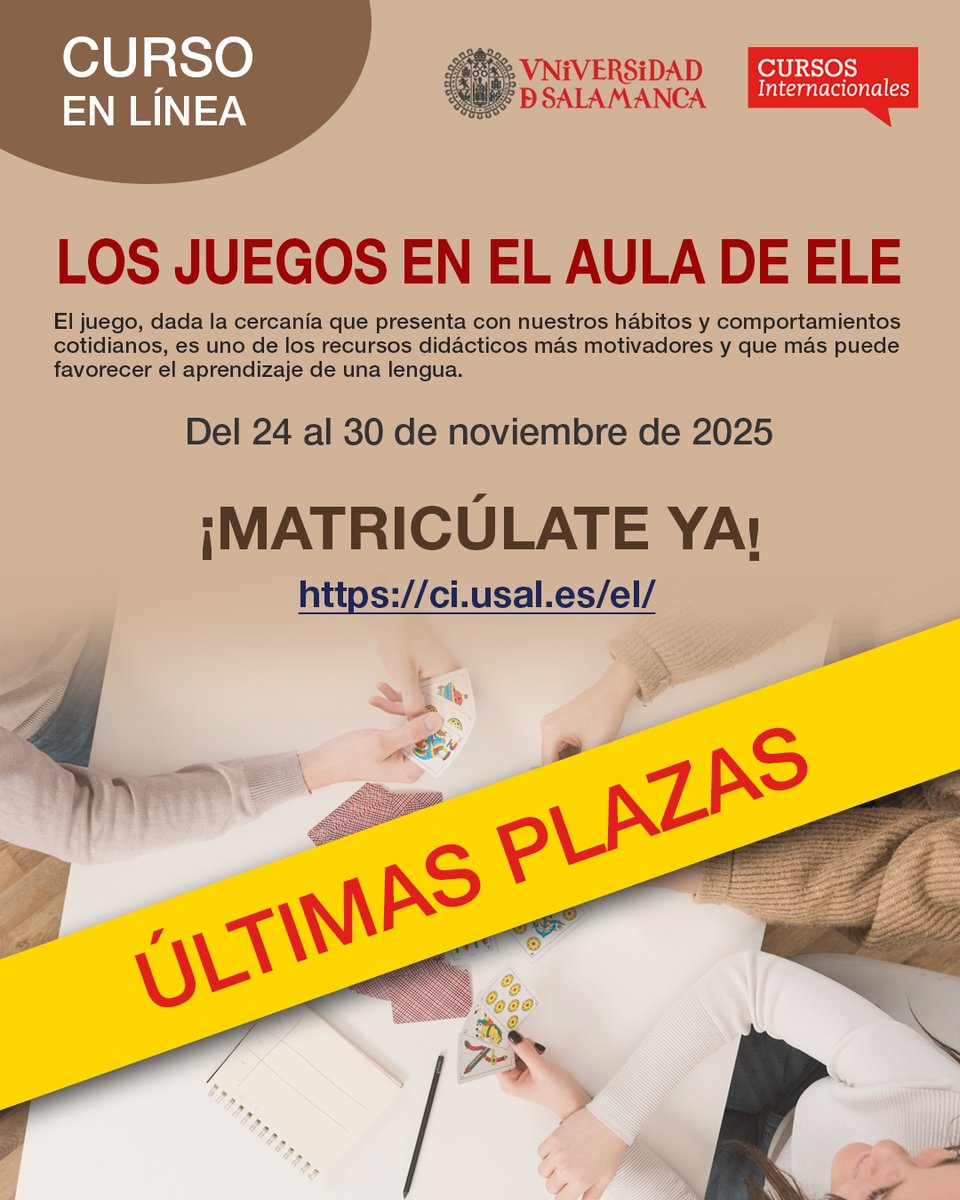 CursosInt_USAL's tweet image. ⚠️ ¡Últimas plazas disponibles!
Dale a tus clases de ELE un toque lúdico y eficaz con este curso especial sobre el uso de juegos en el aula. 🎲✨

📅 24–30 noviembre 2025
💻 Curso en línea
🔗 Inscríbete ahora: ci.usal.es/el/cursos.php?…

#Uso #ELE #FormaciónDocente #usal #juegosaula