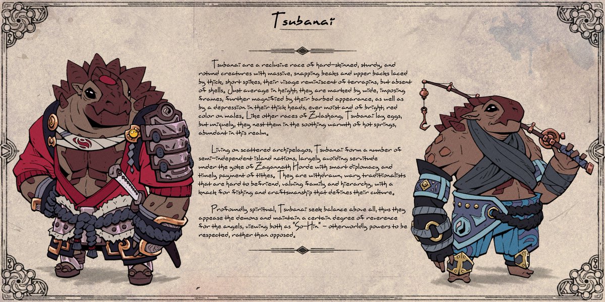 Long-lived but few in number, the reclusive Tsubanai are the sole free people of the fire realm. Scattered across the islands of the Zulashang seas, they secure their freedom with tributes and shun meddling in the affairs of spirits.

#fantasy #worldbuilding #art