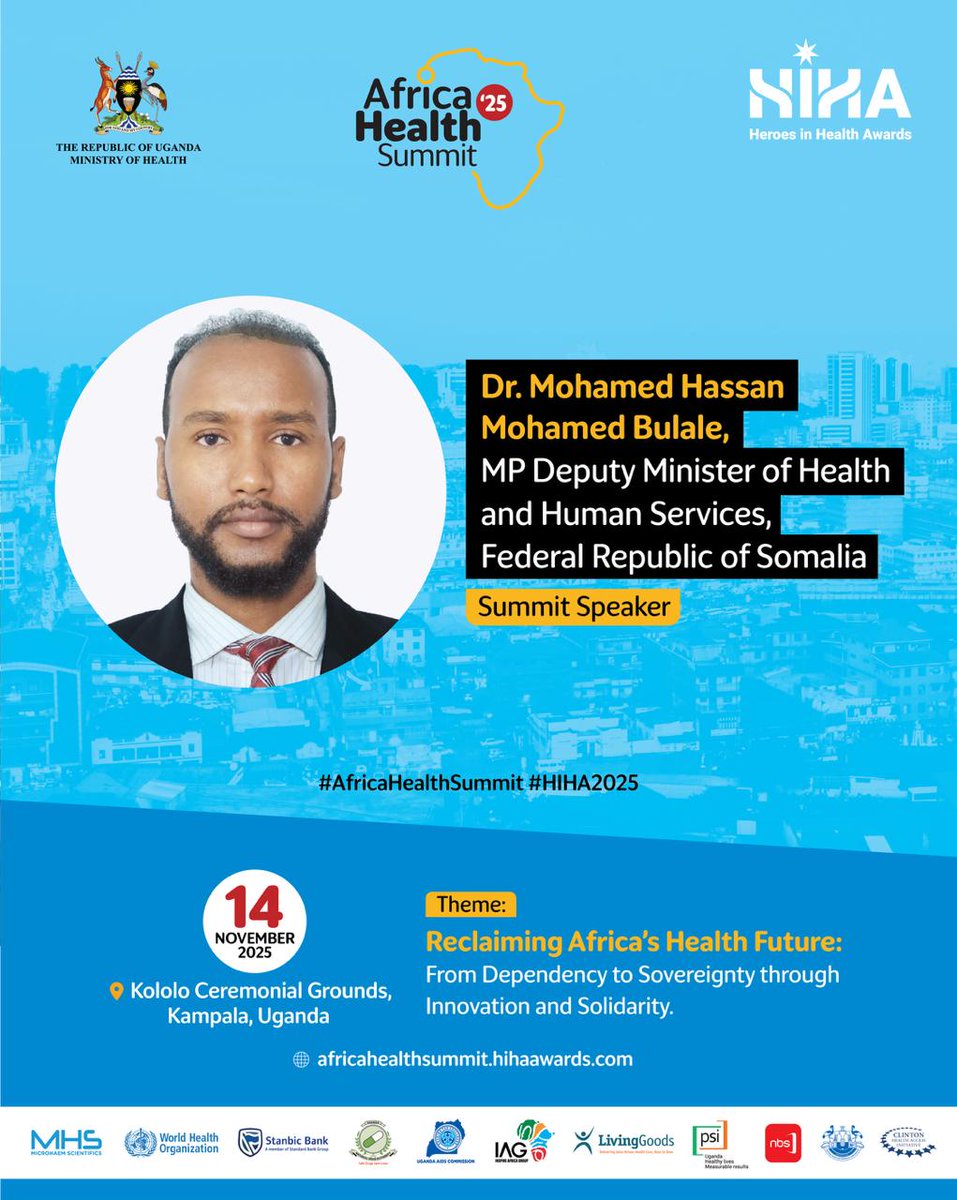 Dr. Mohamed Hassan Mohamed Bulale, Deputy Minister of Health and Human Services – Somalia, will be speaking this Friday at the #AfricaHealthSummit and the #HeroesInHealthAwards 2025, sharing his perspective on advancing sustainable healthcare and innovation across Africa

A