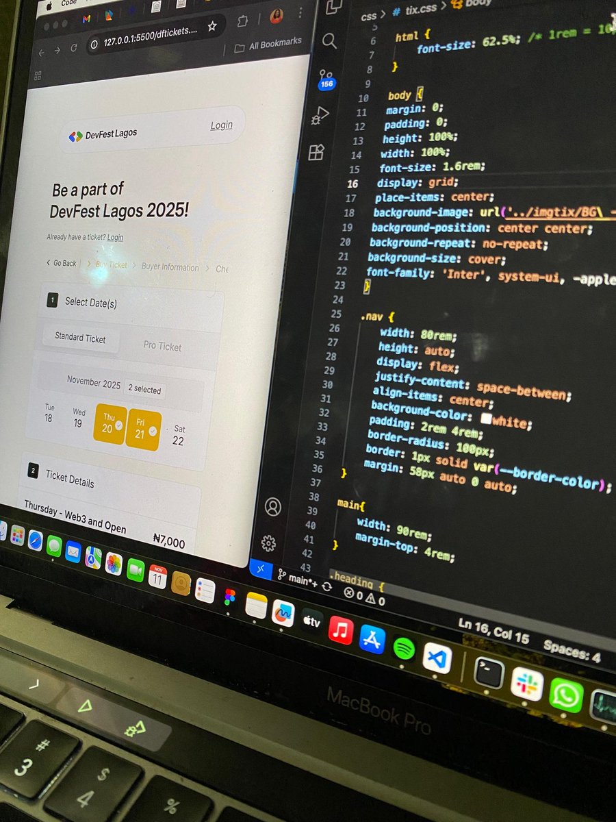 FaithOnasanyaa's tweet image. Still practicing pixel-perfect UI development with html and css, so I decided to try my hands on the DevFest Lagos 2025 ticketing - &quot;buy ticket page&quot; design. While you&apos;re here, grab your tickets if you haven&apos;t! tickets.devfestlagos.com/buy 
.
#learninghowtocode #buildingfromscratch