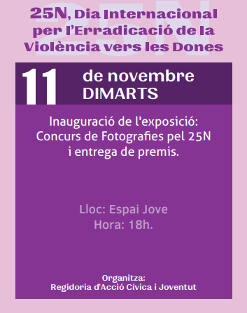 VallsAjuntament's tweet photo. 🟣 Valls commemora el 25N, Dia Internacional per l'Erradicació de la Violència vers les Dones.

Dimarts 11 de novembre 📆⬇️
Inauguració de l'exposició 'Concurs de Fotografies pel 25-N i entrega de premis'.

📍 Espai Jove

🕜 18 h https://t.co/DFKHh5yno6