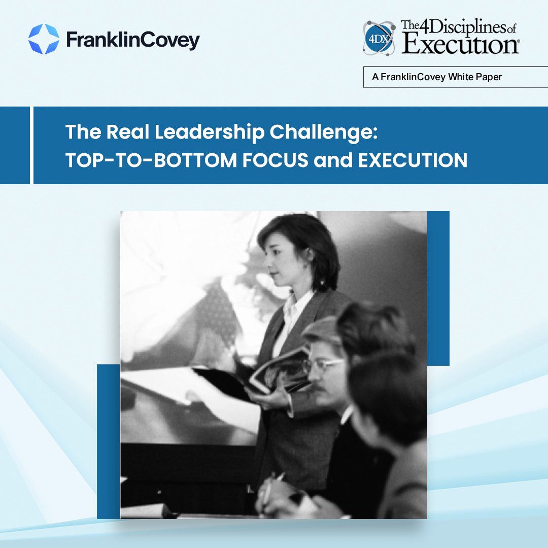 FranklinCovey_I's tweet image. True leadership lies in enabling teams to focus on what matters most.
This FranklinCovey white paper explores how leaders can facilitate focus and execution through clarity, alignment, and trust.

Read it here - bit.ly/3WucfaE

#Leadership #ExecutionExcellence