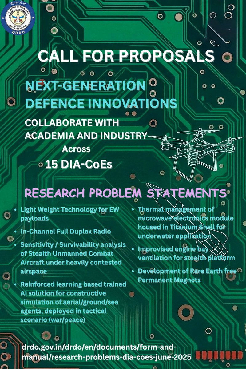 To promote indigenous innovation in defence, DFTM <a href="/DRDO_India/">DRDO</a> invites project proposals from Academia leading to Industry collaborations for solving the research problems of DRDO Laboratories. 

More info: drdo.gov.in/drdo/en/docume…

Email for proposals:- techforesight.drdo@gov.in
