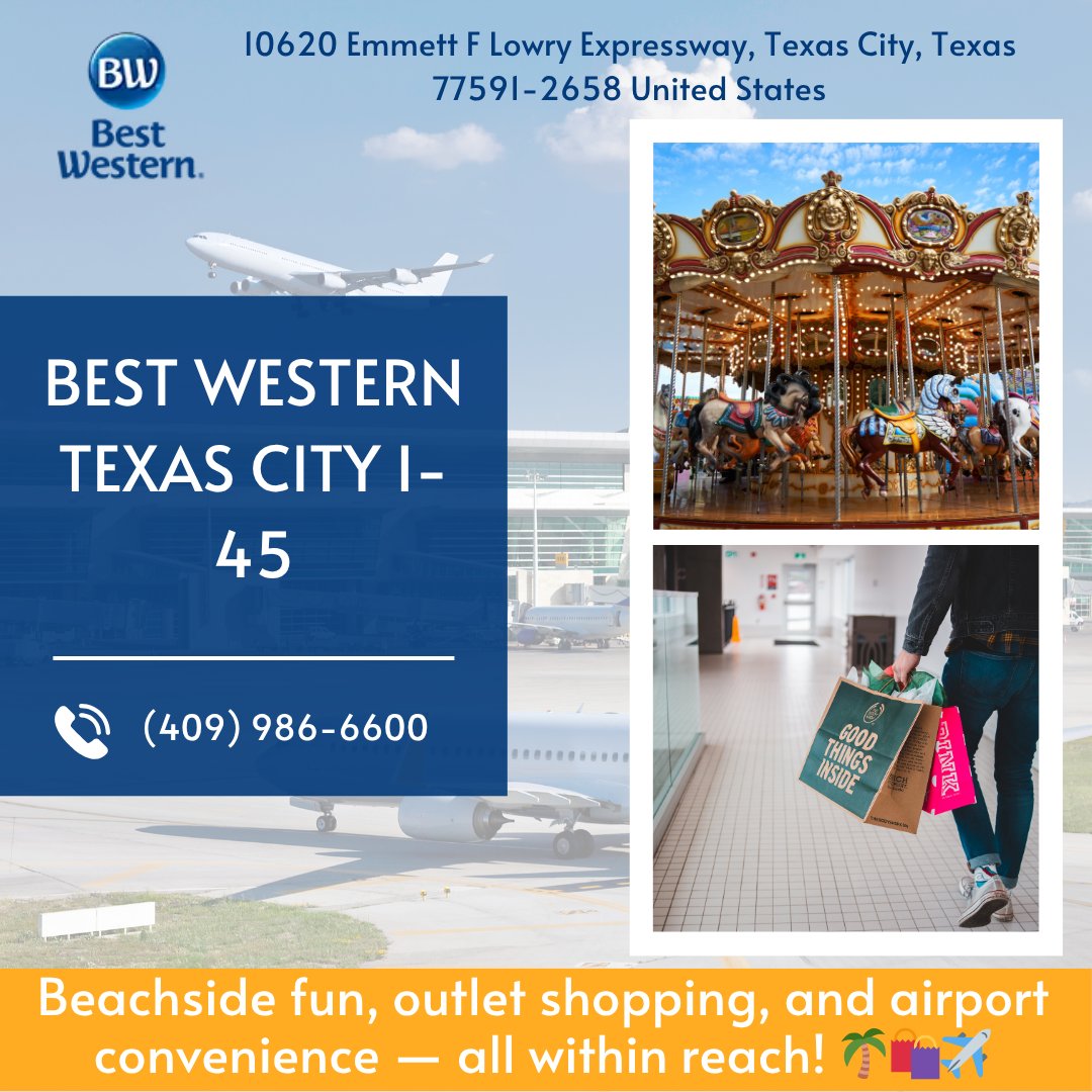 bwtexascity's tweet photo. Visiting Texas City? Stay minutes away from shopping, dining, and entertainment!
Call now: (409) 986-6600
#ExploreTexasCity #TravelSmart #BestWesternStay #CityBreak https://t.co/2QXAug84h3