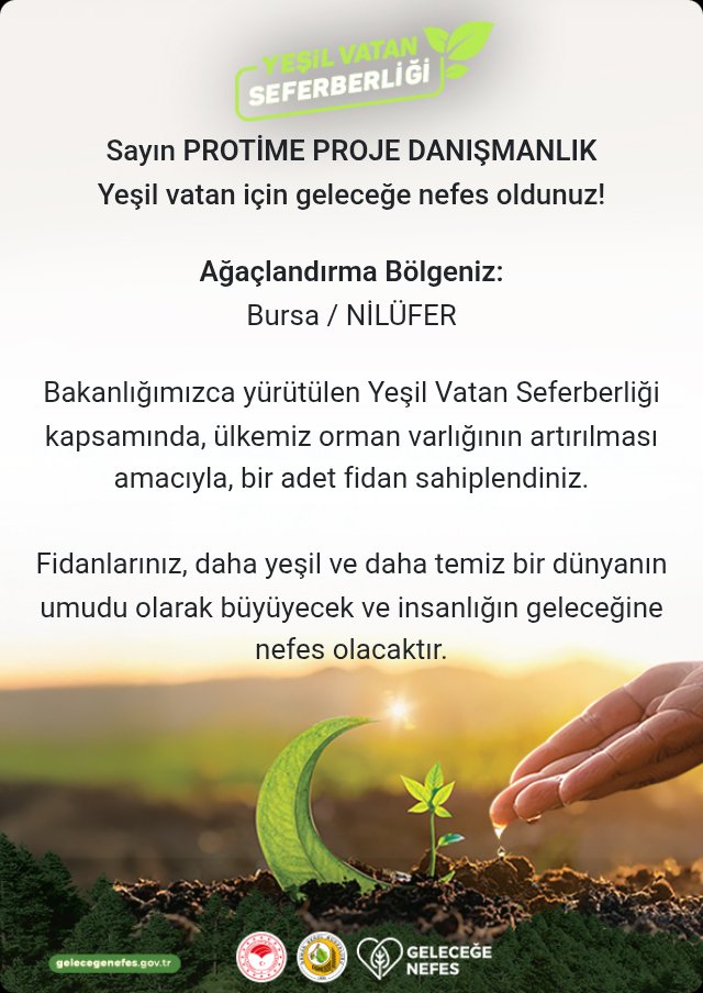 11 Kasım Millî Ağaçlandırma Günü’nde fidanlarla yeşeren bir Türkiye için hep birlikte adım atıyoruz. 🌳

#GeleceğeNefes 🌱 #YeşilVatanSeferberliği 
<a href="/protimeAS/">PROTİME</a>