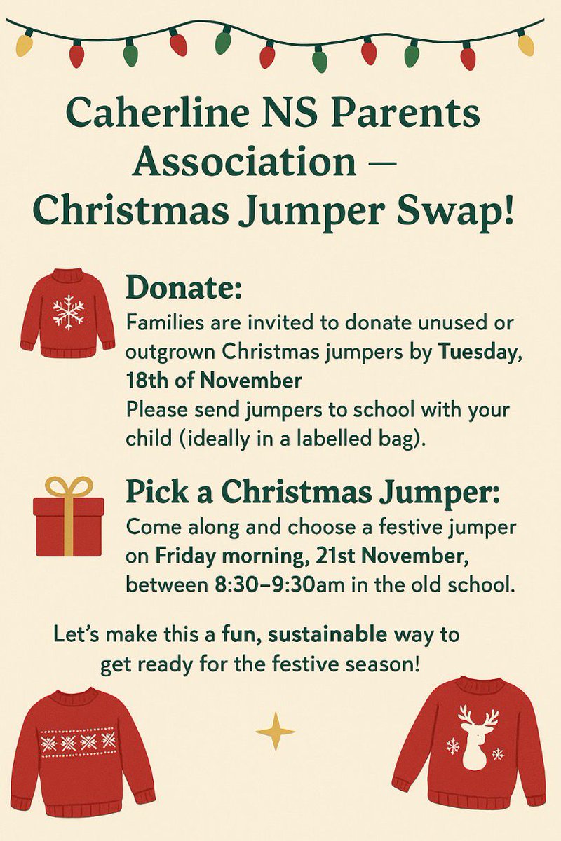 The Parents' Association are organising a Christmas Jumper swap. Check out the details below 🎄