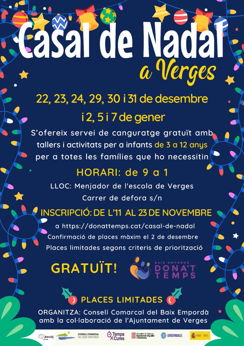 🎄 Casal de Nadal a #Verges

El projecte “Dona’t Temps” del CCBE organitza un #casaldeNadal gratuït per a infants a Verges. Places limitades segons criteris de priorització

✨ Per a nens i nenes de 3 a 12 anys
📝 Inscripcions: de l’11 al 23 de novembre a:
donattemps.cat/pinxo-nadal-20…