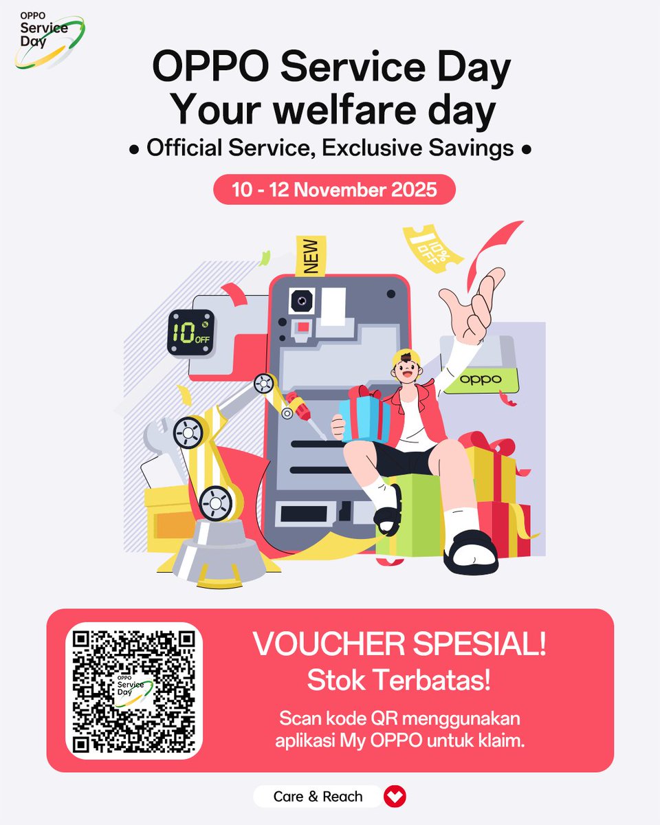 Waktunya manjakan perangkat OPPO kamu di OPPO Service Day! 💚

Nikmati penawaran eksklusif &amp; voucher spesial hanya pada 10–12 November 2025.
Jangan lewatkan, stok terbatas! 📱

#OPPO #OPPOSupport #OPPOServiceDay #OPPOStore #OPPOServiceCenter