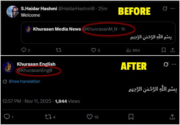 *راء اور خوارج کا ابلاغی گٹھ جوڑ*.
آج ہی اکاؤنٹ بنایا گیا، دھماکے کے عین وقت بسم اللہ الرحمن الرحیم کا ٹوئٹ کیا 
 اور پھر اپنا ہینڈیل تبدیل کرکے خراسان انگلش کرلیا.
ان لوگوں نے تو کہا تھا افغانستان پر حملہ ہوا تو اسلام آباد میں دھماکے ہونگے
لیکن دہلی میں سلنڈر دھماکوں کے بعد