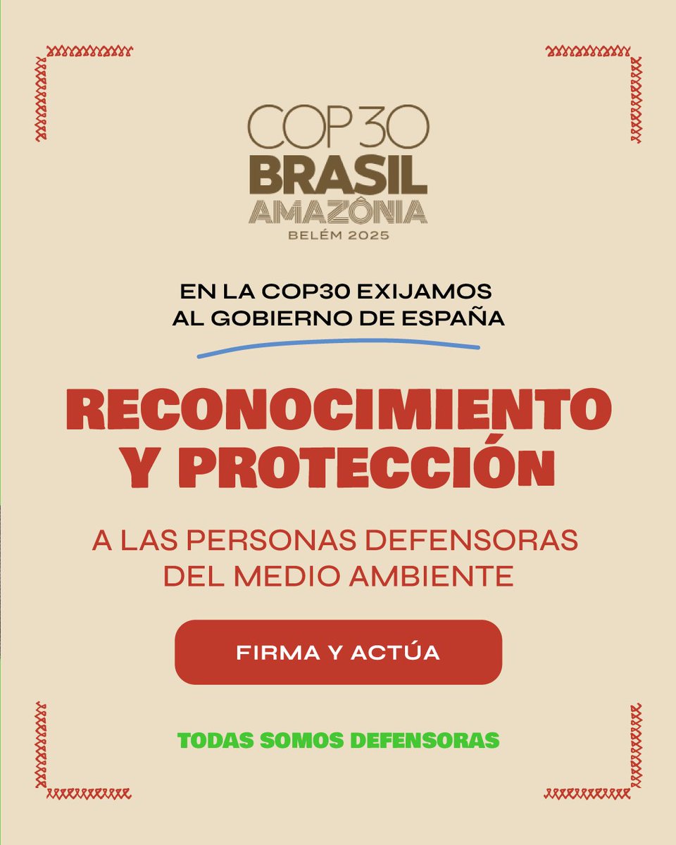 👀 Conoce nuestras demandas y firma para la protección y el reconocimiento de las personas defensoras del medio ambiente en la #COP30 de #Brasil #Belem 🌎

➡️todassomosdefensoras.org/no-pueden-desa…