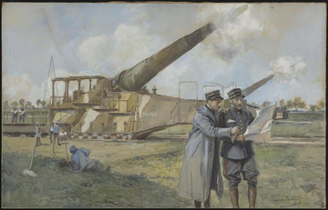 First image shows two officers in military coats and hats examining a blueprint near a massive railway-mounted gun with additional barrels, surrounded by soldiers and equipment on a grassy field under a cloudy sky. Second image depicts soldiers in uniforms raising rifles and advancing behind a tank crushing debris and barbed wire in a ruined urban landscape with windmills and smoke. Third image portrays a nurse in a long coat and headwrap gesturing while attending to several bandaged wounded soldiers seated on benches in a wooden shelter area. Fourth image illustrates a desolate rainy trench scene with barbed wire fences, dugouts, scattered clothing, and muddy ground under a stormy gray sky.