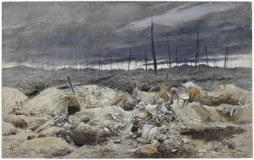 First image shows two officers in military coats and hats examining a blueprint near a massive railway-mounted gun with additional barrels, surrounded by soldiers and equipment on a grassy field under a cloudy sky. Second image depicts soldiers in uniforms raising rifles and advancing behind a tank crushing debris and barbed wire in a ruined urban landscape with windmills and smoke. Third image portrays a nurse in a long coat and headwrap gesturing while attending to several bandaged wounded soldiers seated on benches in a wooden shelter area. Fourth image illustrates a desolate rainy trench scene with barbed wire fences, dugouts, scattered clothing, and muddy ground under a stormy gray sky.