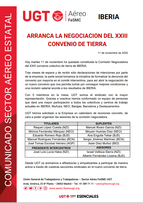 NeoUgt's tweet photo. Adjuntamos comunicado estatal sobre la constitución de la Mesa Negociadora del XXIII Convenio Colectivo de Tierra que acaba de tener lugar en la Sala Madrid del NEO.
👉 Os esperamos en la Sección Sindical  @AereoUGT  @FesmcUGTMadrid https://t.co/CMhWcZjjAQ