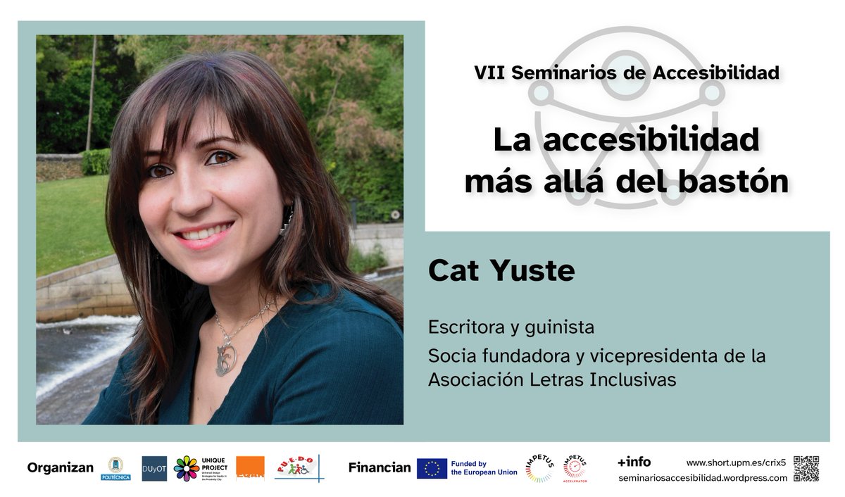 SAccesibilidad's tweet photo. ¡Conoce a las y los ponentes de los VII #Seminarios de #Accesibilidad!
👉 @CatYuste es escritora y guionista, y socia fundadora y vicepresidenta de la Asociación Letras Inclusivas. https://t.co/zhei1InNiF