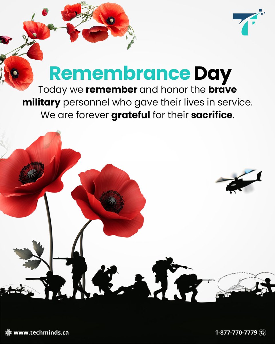 Techmindsinc's tweet image. Today, we pause to honor and remember the brave men and women who served and sacrificed for our freedom. Their courage and dedication continue to inspire us every day. 
#RemembranceDay #LestWeForget #HonourTheFallen #CanadaRemembers #Veterans