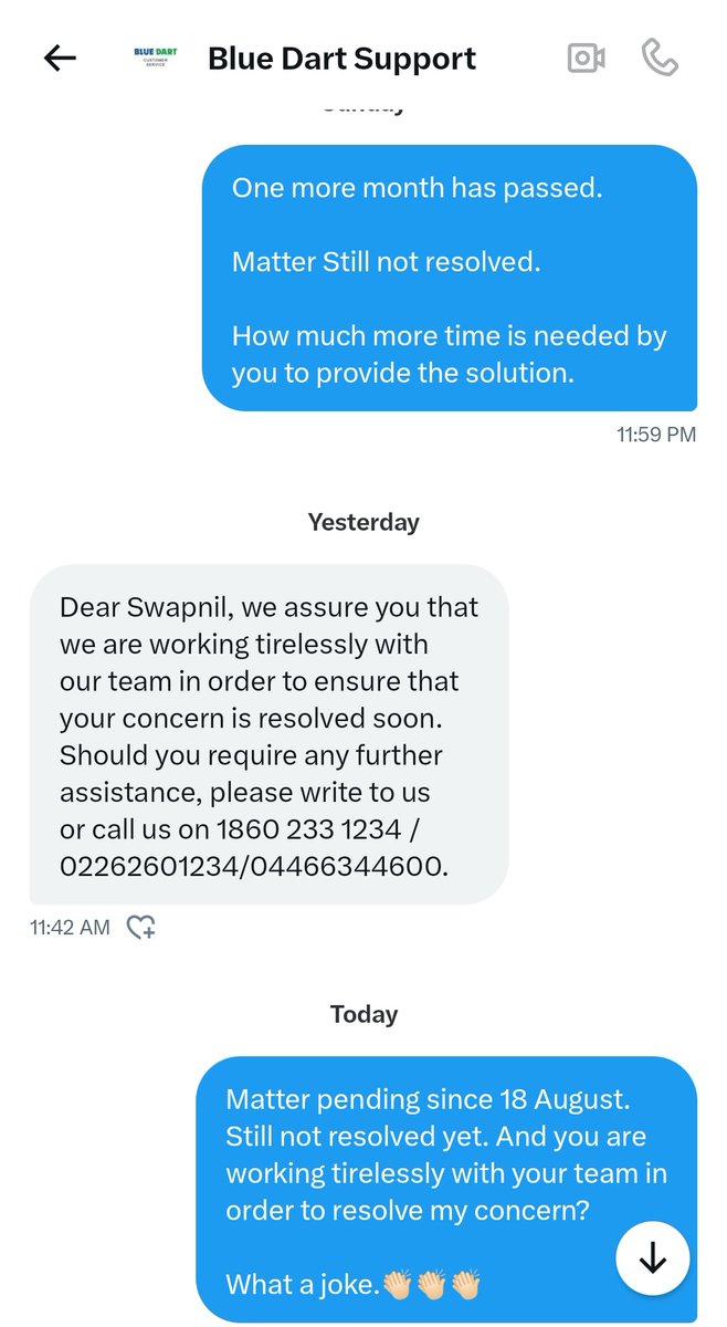 johari_27's tweet photo. @BlueDart_ 
@BlueDartCares 

@JaagoGrahak 

Blue dart's team is working tirelessly to resolve my issue of Courier picked up on 24th June but not delivered yet.

What a joke from blue dart. 👏🏻👏🏻👏🏻 https://t.co/LOZu1i8Mzd