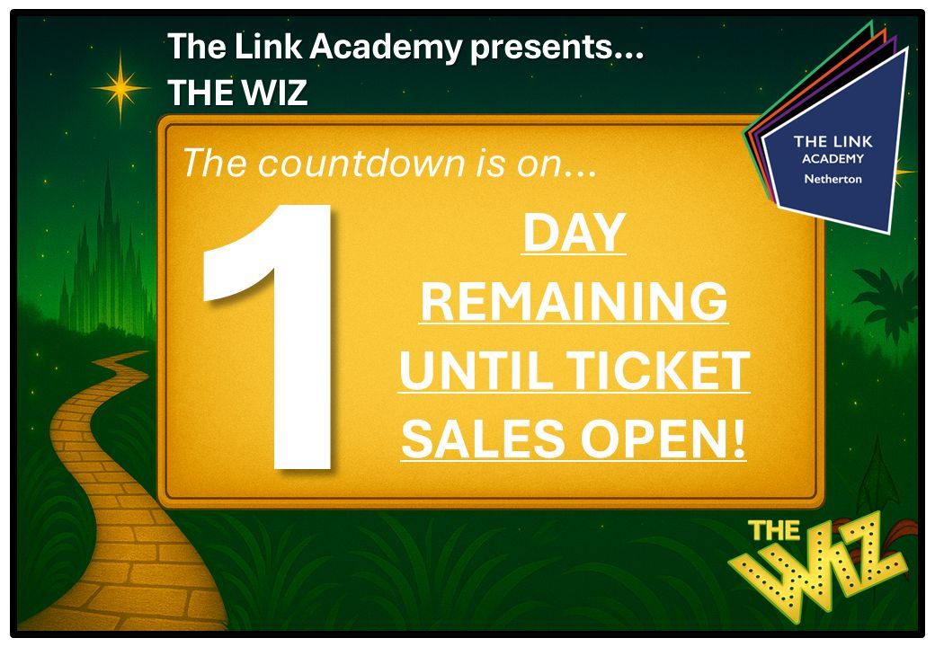 🎭✨ 1 Day Remaining Until Ticket Sales Open! ✨🎭
The countdown is on! 🕒 Step into the magical world of The Wiz with us, a dazzling journey down the Yellow Brick Road awaits 🌈👠🎟️ Tickets go on sale TOMORROW — don’t miss your chance to see this spectacular school production!