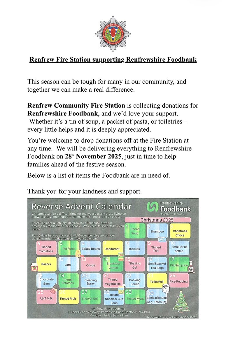 Can you help out our crews at Renfrew Community Fire Station as they work together to collect donations for Renfrewshire Foodbank?

Please see below for details- thank you