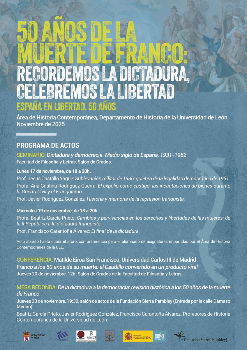 📚 La ULE participa en la conmemoración del 50 aniversario de la muerte de Franco con un programa académico y cultural que invita a la reflexión crítica sobre el pasado reciente de España.

La ULE reafirma así su compromiso con la memoria democrática y la la libertad.