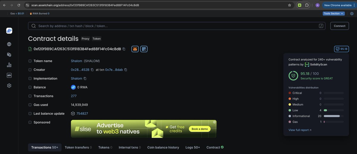 AronuUgochukwu's tweet image. The $SHALOM token smart contract has 95.18/100 security score. 
This smart contract is only available on Asset Chain Network. 
All smart contracts on the Asset Chain network can be scanned in real-time on the explorer. This is a security feature that improves users&apos; confidence.