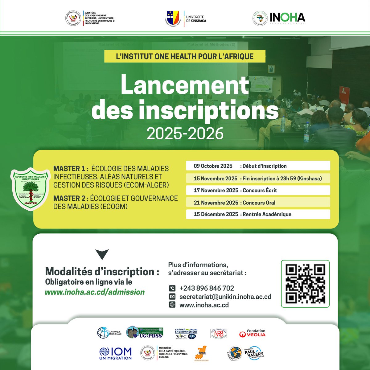 Inoha_Unikin's tweet photo. 🚨 Dernière chance !
Les inscriptions INOHA sont prolongées jusqu’au 15 nov à 23h59 🎓
Après, c’est terminé ⏰
👉 https://t.co/S5OqJWaNMj
#INOHA #OneHealth #UniversitéDeKinshasa
#Inscriptions2025 #Master https://t.co/t2Lel8veNy