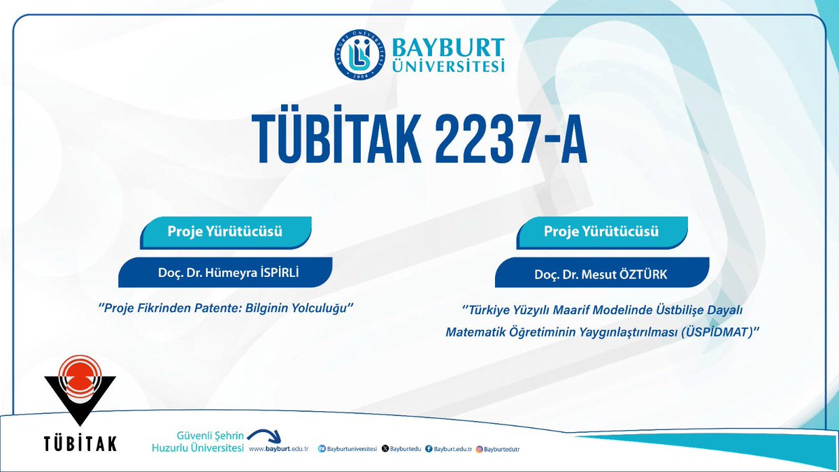 TÜBİTAK 2237-A Bilimsel Eğitim Etkinlikleri Desteği Programı kapsamında üniversitemizden iki proje desteklenmeye hak kazandı! Doç. Dr. Hümeyra İSPİRLİ yürütücülüğündeki “Proje Fikrinden Patente: Bilginin Yolculuğu” ile Doç. Dr. Mesut ÖZTÜRK yürütücülüğündeki “Türkiye Yüzyılı